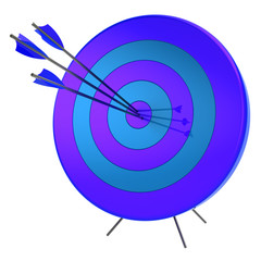 3d illustration of target arrows success shooting accuracy sniper hitting of bull's eye lucky concept. Isolated on white