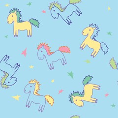 Background with multi-colored ponies with a bright mane. Children's illustration. Seamless vector pattern