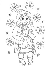 Cute baby girl holding teddy bear in winter dress, coloring book page for children