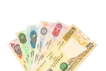 some united arab emirates dirham bank notes isolated on white background