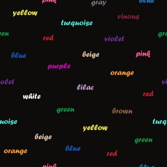 Names of different colors in a certain color on a black background. Seamless Pattern