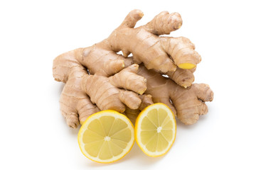 Ginger bio and lemon on white background.