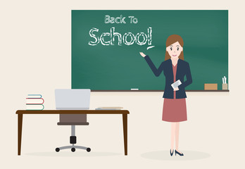 Female teacher and Back to school text on chalkboard background