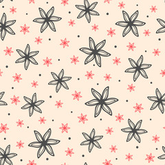 Repeating flowers drawn by hand. Floral seamless pattern. Sketch, doodle. Endless feminine print.