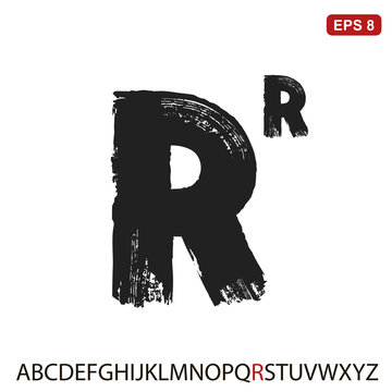 Black capital handwritten vector letter "R" on a white background. Drawn by semi-dry brush with unpainted areas.