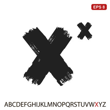 Black capital handwritten vector letter "X" on a white background. Drawn by semi-dry brush with unpainted areas.