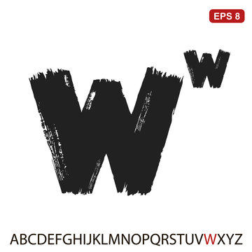 Black capital handwritten vector letter "W" on a white background. Drawn by semi-dry brush with unpainted areas.