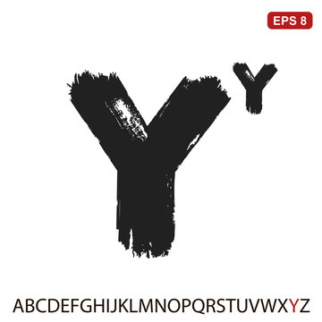 Black capital handwritten vector letter "Y" on a white background. Drawn by semi-dry brush with unpainted areas.