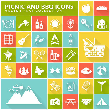Picnic and barbecue flat icons on colorful square buttons.