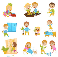 Cute little bully kids set, hoodlum cheerful children, bad child behavior vector Illustrations on a white background