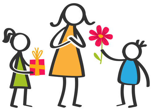 Simple colorful stick figures family, children giving flowers and gifts to mother on Mother's Day isolated on white background