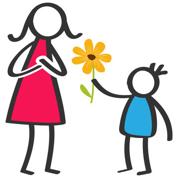 Simple colorful stick figures family, boy giving flower to mother on Mother's Day, birthday isolated on white background