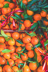 Citrus. Fresh organic Tangerines in a box on display at a farmers market. Ripe oranges. Harvest concept. Top view,.