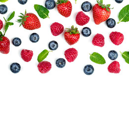 Fototapeta na wymiar Fresh Berries mix isolated on white background. Various Berries set. Top view 
