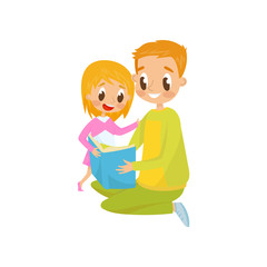Dad reading a book to his little daughter, family, early development concept vector Illustration on a white background