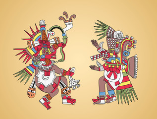 Quetzalcoatl, feathered serpent, god of Wind and Wisdom, left. Tezcatlipoca, Smoking Mirror, god of Magic and Darkness, right. Twin brothers. Aztec gods as depicted in old manuscript painting. Vector.