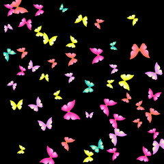 Fototapeta na wymiar Summer Background with Colorful Butterflies. Simple Feminine Pattern for Card, Invitation, Print. Trendy Decoration with Beautiful Butterfly Silhouettes. Vector Background with Moth