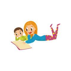 Mother and son lying on the floor and reading a book, family, early development concept vector Illustration on a white background