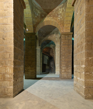 Passages of ancient water cistern with huge arches, lies under the Selehdar complex at  the historical district of Al Moez street, Cairo, Egypt