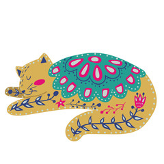 vector with beautiful cat in pattern and flowers, folk stule. poster for decoration your interior and for use in your unique design