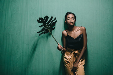 Beautiful young african american girl posing in studio, looking at camera.