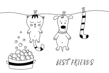 Hand drawn cat and dog.