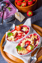strawberry tart with vanilla pudding and ice cream