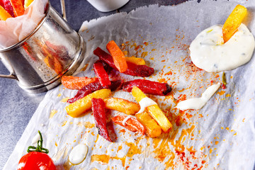 vegetable French fries with herb quark and tomatoes