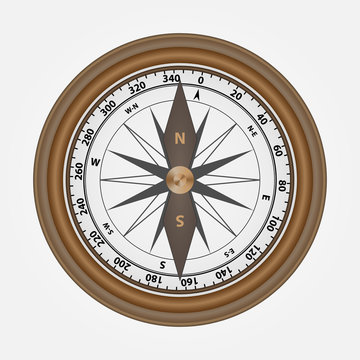 Realistic compass made of wood. Vector wooden round compass.