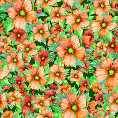 Fototapeta premium Seamless floral pattern made of orange malva flowers on dark green background. Watercolor painting. Hand drawn and painted illustration.