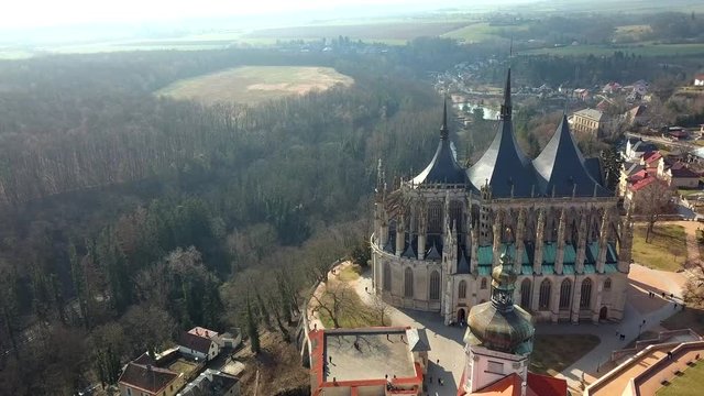 A flight over the Cathedral of St. Barbara, Kutna Hora, Czech Republic