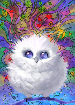 Digital raster cartoon illustration of a funny fluffy white owl with cosmic eyes sitting on a curly branch on a colorful background