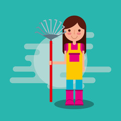 Fototapeta premium girl gardener holding garden rake farm tool vector illustration