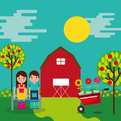 Obraz na płótnie Canvas boy and girl gardeners farm barn garden wheelbarrow trees vector illustration