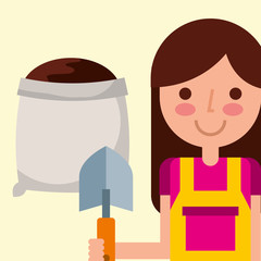 girl gardener holding shovel with sack soil tools farm vector illustration