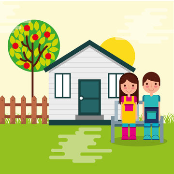 boy and girl gardeners house bench tree and fence garden vector illustration
