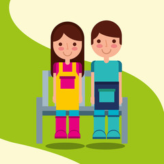 boy and girl gardeners sitting in wooden bench vector illustration