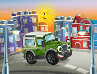 cartoon funny looking military off road truck driving through the city or parking - illustration for children