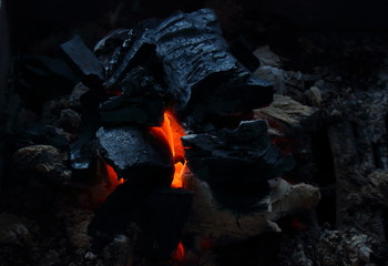 Burning wood in the dark on outdoors for grill and bbq. Live red coals