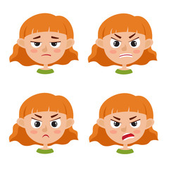 Little red-haired girl angry face expression isolated on white