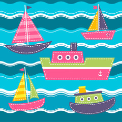 Pattern with blue sea waves, boats and ship