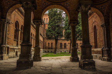 medieval university yard with tree garden and columns  © Artem Kniaz