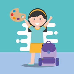 happy school little girl holding art palette paint backpack vector illustration