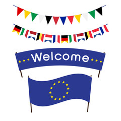 Welcome flag and banner of the European Union, festive flags in the
 colors of national flags of the Founding Countries