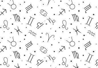 Astrological signs and stars pattern in gold, Symbols of zodiac, horoscope, astrology and mystic signs vector illustration on a white background