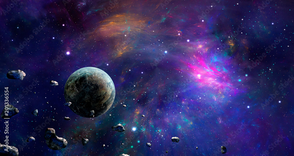 Wall mural space scene. colorful nebula with planet and asteroids. elements furnished by nasa. 3d rendering