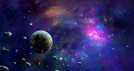 Fototapeta na wymiar Space scene. Colorful nebula with planet and asteroids. Elements furnished by NASA. 3D rendering