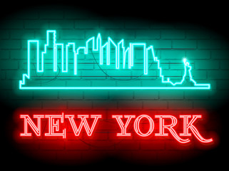 Neon silhouette of New York (United States) city skyline vector background. Neon style sign illustration. Illustration for t shirt printing or wall decoration. Brickwall as background.