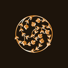 Vector ornamental emblem with leaves and flowers. Flowery golden design element for decoration, wedding invitations, greeting cards or logos.