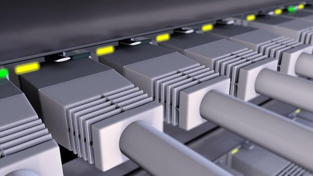 3D animation with RJ45 connectors plugged in to network switch. Status LEDs flashes on a network equipment and camera moves above the patchcords, seamless loop extreme close-up